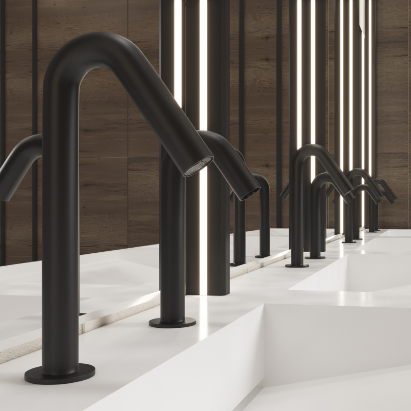 Csaba Soap and Water DUO - Tap & Soap Dispenser | Touch free deck mounted electronic faucet and Matching touch free electronic soap dispenser for deck mounted installations Csaba Soap Water black Touch-free deck-mounted electronic faucet and Matching touch free electronic soap dispenser for deck mounted installations Csaba Soap & Water blackTouchless Faucets - Deck Mounted Bathroom Faucet -